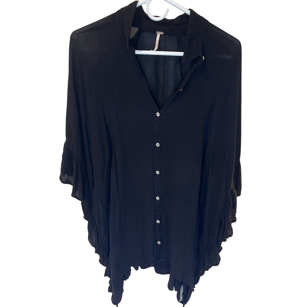 Free People Oversized Black Tunic Button Front Boho Top Shirt Womens ML
